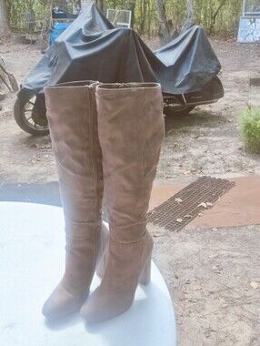 BAMBOO Taupe Over-the-Knee Suede Boots with Block Heel
